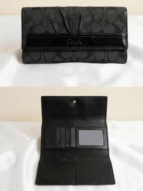 Coach Signature C Jacquard Leather TriFold Wallet Black Clutch Card Case Canvas
